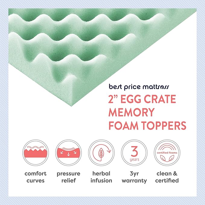 Best Price Mattress 2 Inch Egg Crate Memory Foam Mattress Topper with Calming Aloe Infusion, CertiPUR-US Certified, Full
