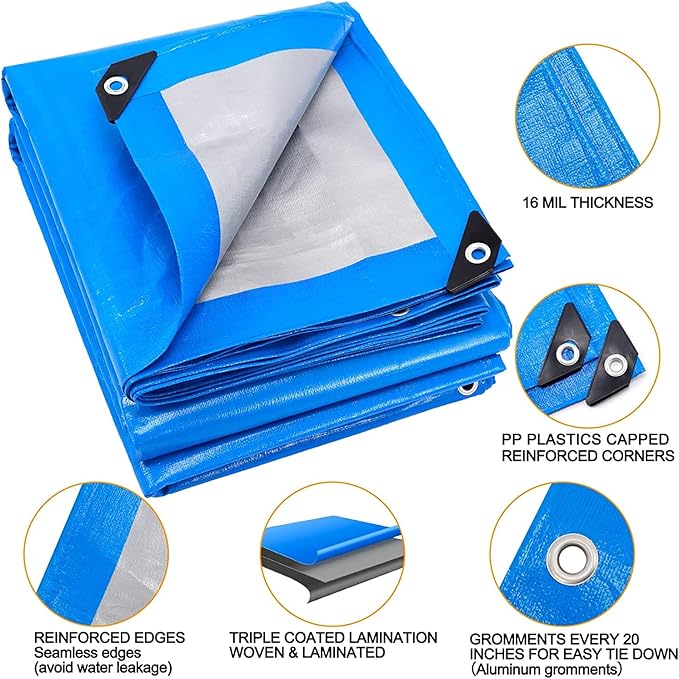 Small Tarp, Tarps Heavy Duty Waterproof 6x12, Waterproof Plastic Poly 16 Mil Thick Tarpaulin with Metal Grommets Every 19.5 Inches - Emergency Rain Shelter, Outdoor Cover, and Camping Use