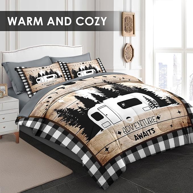 Comforter Set King Size, Camping Camper Rv 7 Pcs Bedding for Kids and Adults, Car Family Bed Sheet Sets with Fitted Sheet 2 Pillowcases & 2 Shams for Bedroom Bed Decor