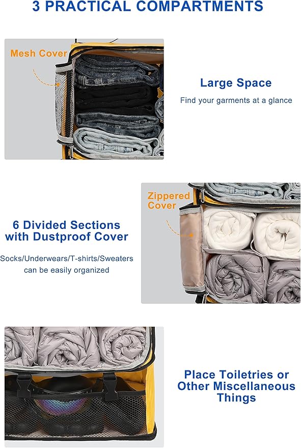 ELEZAY Hanging Packing Cubes Portable Closet 3-Shelf Travel Collapsible Compression Garment Organizer for Carry-on Luggage Suitcase Space Saver Bag XX-Large_No Side Pockets, Yellow