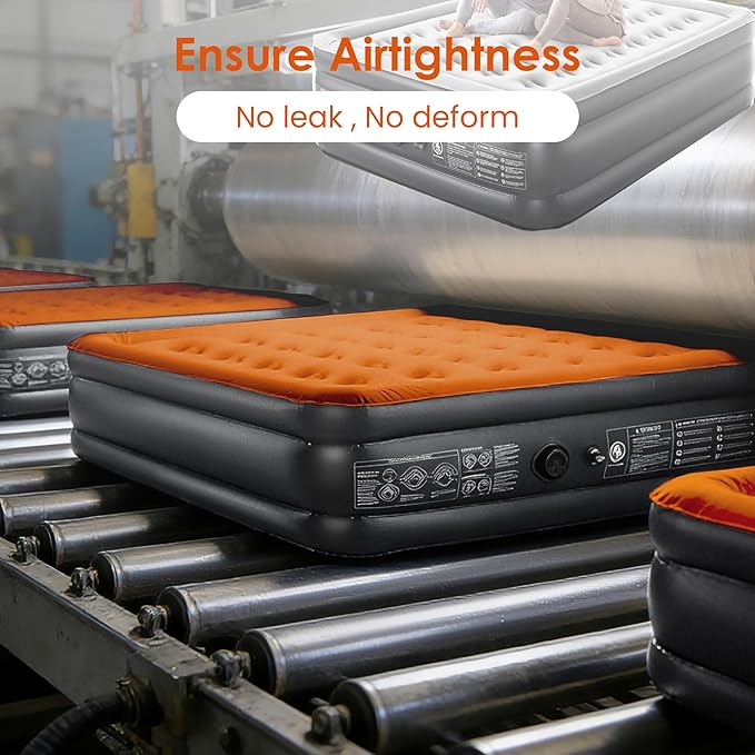 Camping Air Mattress Queen with Built in Pump 18" Thickness 660lbs Heavy Duty Comfortable Blow up Air Mattress with Carry Bag Inflatable Foldable Flocked Top Air Bed for Travel, Home (Black & Orange)