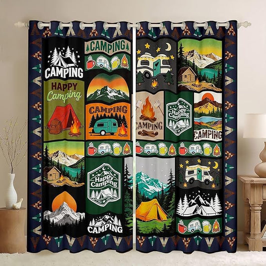 jejeloiu Happy Camping Curtains for Bedroom Living Room RV Camping Blackout Darkening Drapes Campfire Window Treatments, 2 Panels 42 x 90 Inch Patchwork Room Decor