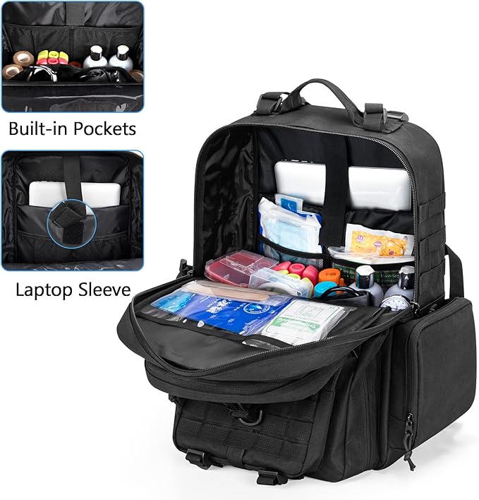 Damero Medical Tactical Backpack, Medical Supplies Bag First Aid Rucksack with Top Y-Strap for Hiking, Trekking Hunting Camping, Black (Bag Only)