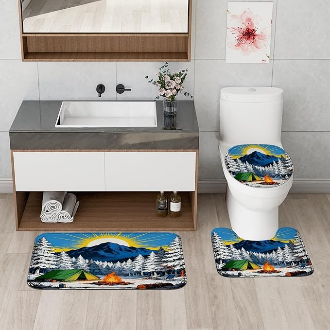 Mountain Shower Curtain Sets, Nature Outdoor Tent Campfire Summer Blue Waterproof Fabric Bathroom Sets with Shower Curtain and Rugs Decorative for Toile Guest Room 72x72 Inch