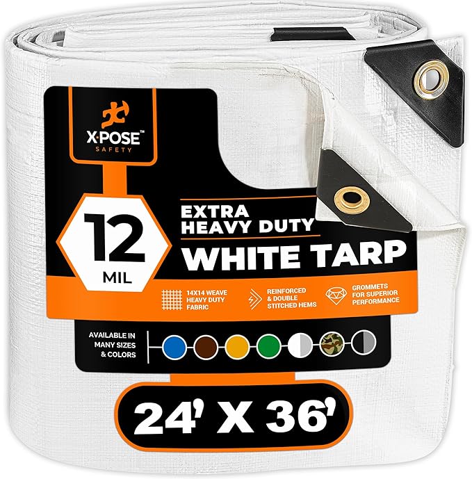 Heavy Duty White Poly Tarp 24' X 36' - Multipurpose Protective Cover - Durable, Waterproof, Weather Proof, Rip and Tear Resistant - Extra Thick 12 Mil Polyethylene - by Xpose Safety