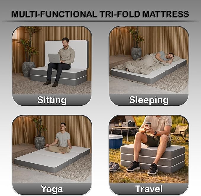 Treaton, 4-Inch Tri-Folding Gel Memory Foam Portable Floor Mattress Breathable Mesh, Ultra Soft, Cot Pad, Removable and Washable Cover, Comfortable Support, Therapeutic Qualities, Queen, White