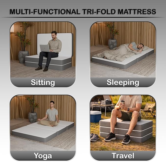 Greaton, 3-Inch Tri-Folding Gel Memory Foam Portable Floor Mattress | Breathable Mesh, Ultra Soft, Cot Pad, Removable and Washable Cover, Comfortable Support, Therapeutic Qualities, 25-Inch, White
