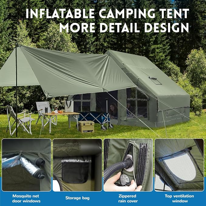 Inflatable Camping Tent with Pump, 4 Season Inflatable Tents for Camping, Inflatable House Tent Waterproof Easy Setup Glamping Tent