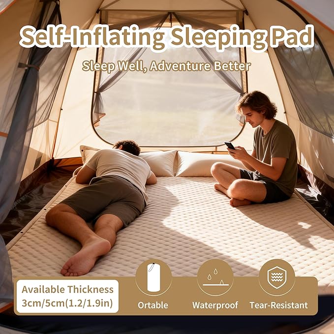 Self-Inflating Camping Mat - 1.2"/2" Thick Portable Air Mattress with Pillow for Outdoor, Hiking & Travel (Offwhite 1.2 "for Two)