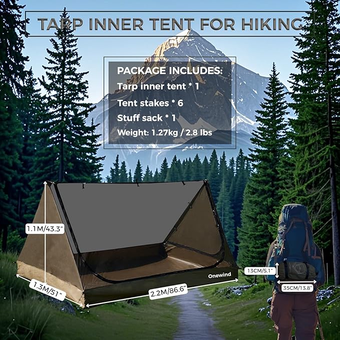 onewind Mesh Tent for 2 Person, 2 Openings Inner Tent for Tarp Ultralight Trekking Pole Tent Tarp Backpacking Netting Tent with Waterproof Bathtub Floor, No Trekking Pole Included