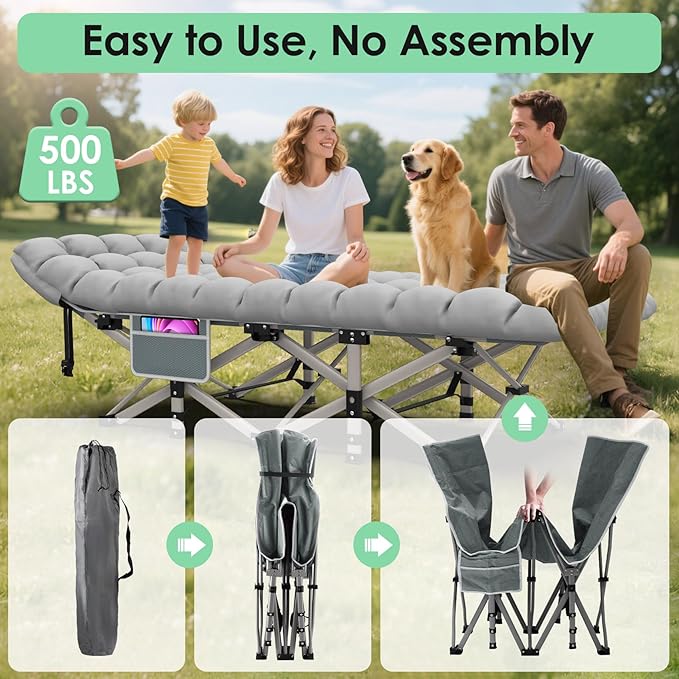 Suteck Camping Cot, Folding Camping Cot Bed for Adults Sleeping 1200D Double Layer Oxford Portable Folding Outdoor Cots for Camping W/Soft Pad Carry Bag for Home Office Nap Beach Travel, 500LBS,Grey