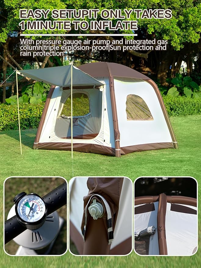 Inflatable Camping Tent,2/4/6/8 Person Glamping Inflatable Tents with Awning, Quick Setup Blow Up Tents with Pump, Waterproof Oxford Inflatable House for Camping, Air Glamping Hot Tents for Adult