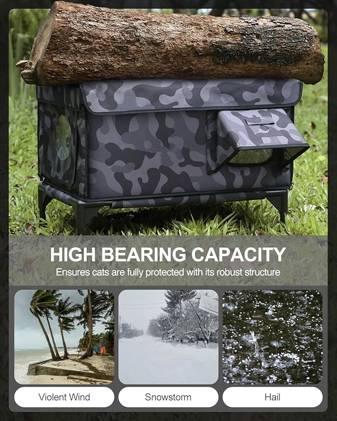 Outdoor Heated Cat House in Winter,Extremely Insulated & Weatherproof,Elevated Feral Cat Shelter with Waterproof Eaves & Escape Door for Outside Stray Barn Cat (Dark Camo,S)