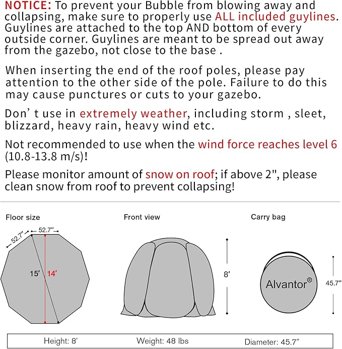 Alvantor Pop Up Bubble Tent - 15’ x 15’ Instant Igloo Tent - 12-15 Person Screen House for Patios - Large Oversize Weather Proof Pod - Cold Protection Camping - Beige