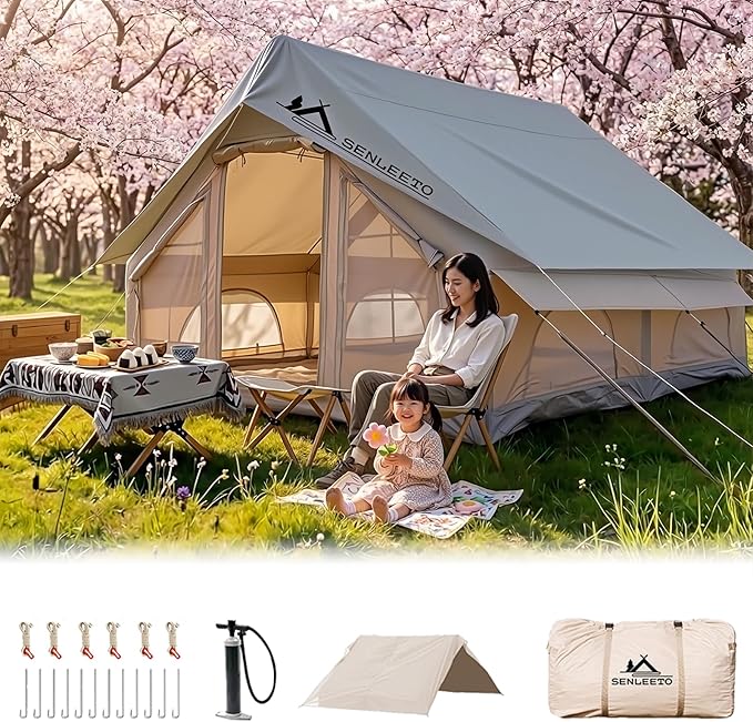 8/10/12 Person Large Inflatable Tents for Camping, 4 Season Blow Up Tents with Canopy/Rainfly, Luxury Inflatable Tent House with Stove Jack, Easy Setup Inflatable Camping Tent.