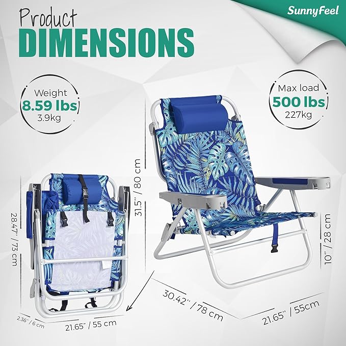 SUNNYFEEL Extra Wide Low Beach Chair 5 Position Lay Flat 500 LBS Heavy Duty, XL Oversized Portable Folding Camping Chairs with Cup Holder for Outdoor/Trip, Lightweight Backpack Beach Chair for Adults