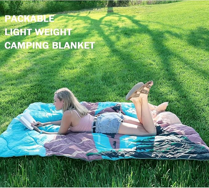 Camping Blanket, Puffy Waterproof Travel Blanket, Warm Cozy Picnic Blanket, for Outdoors, Travel, and Mountain.(Lake, 78" x 56")