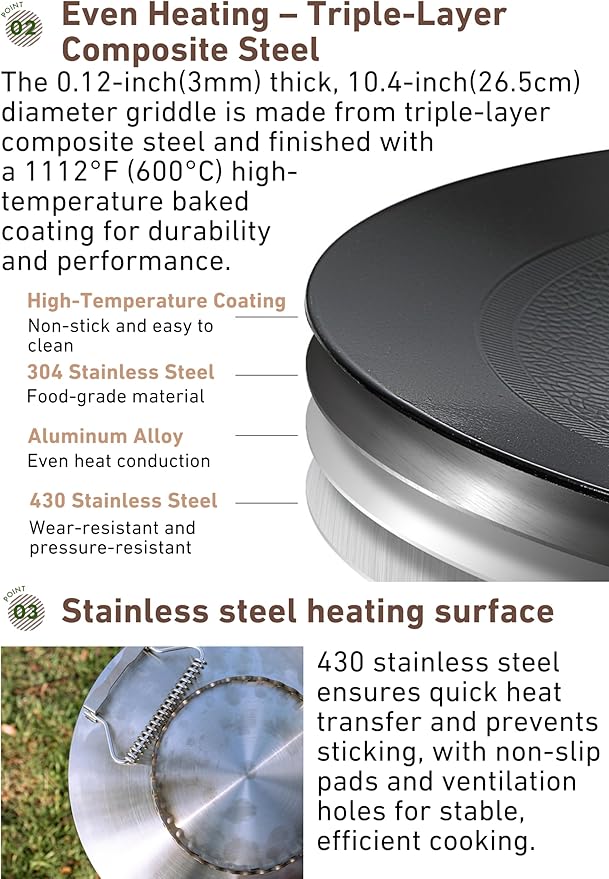 camping moon BBQ Grill Pan Dia 10.4-inch Round Griddle 3-Ply Composite Steel Nonstick Foldable Handle for Open Fire Gas Stove Outdoor & Indoor Use GRW-27F