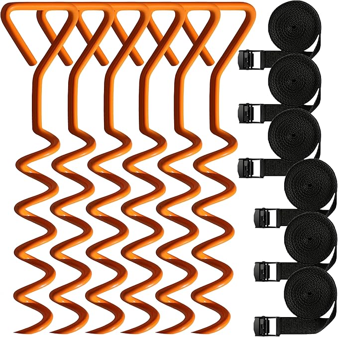 Trampoline Stakes Tent Garden Stake Heavy Duty Trampoline Parts Tent Canopies, Carports,Swing Sets Stake Corkscrew Shape Steel Stakes Anchor Kit,Bonus 6 Strong Belt,Orange