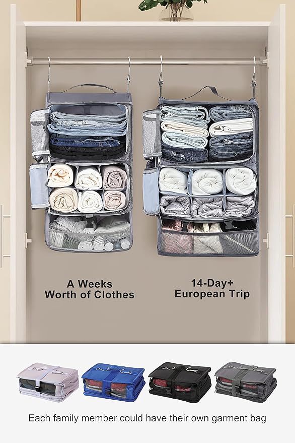 ELEZAY Hanging Packing Cubes Portable Closet 3-Shelf Travel Collapsible Compression Garment Organizer for Carry-on Luggage Suitcase Space Saver Bag XX-Large_No Side Pockets, Gray
