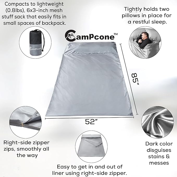 Silky Sleeping Bag Liner Cold/Warm Weather–XL Travel Sheets for Hotel 85"×52"– Lightweight Sleep Sack with Zipper & Pillow Pocket-100% Polyester Adult Sleep Sack - Hotel Sleeping Bag.