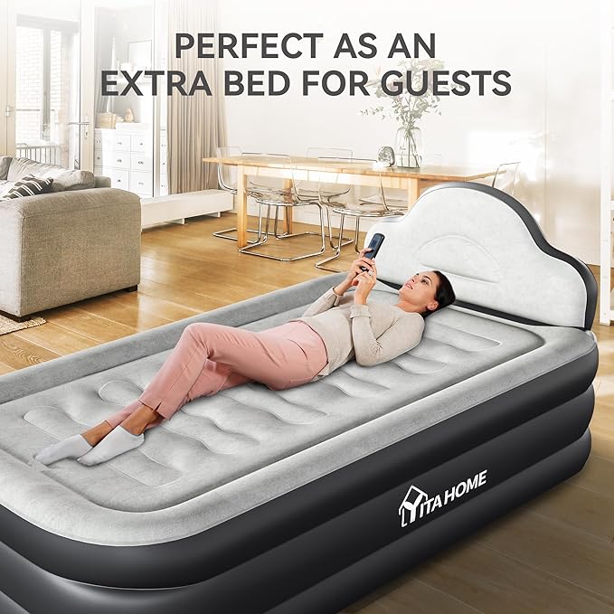 YITAHOME Twin XL Size Air Mattress with Built-in Pump, 18in Inflatable Bed with Headboard, Blow Up Mattress with Carry Bag and Repair Tools for Guest, Travel, and Camping, Black