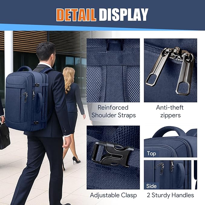 Expandable Carry On Backpack 40L-50L, Large Travel Weekender Bag with Waterproof Wet Pocket, Anti-Theft TSA 18 Inch Laptop Rucksack for Men Women Flight Approved Business, Blue