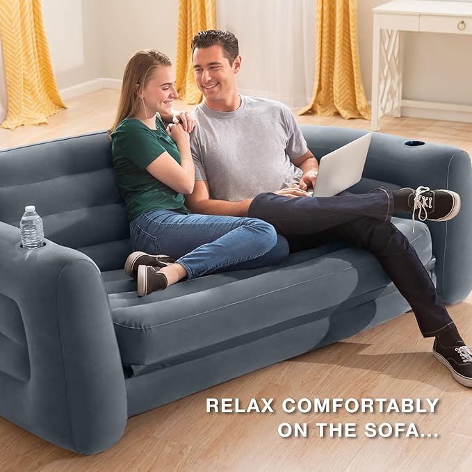 Intex 2 in 1 Inflatable Pull Out Sofa and Queen Size Air Bed Mattress with Cup Holders for Indoor and Outdoor Use for Adults (2 Pack), Charcoal Gray