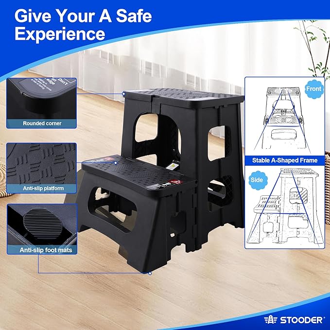 Folding 2-Step Stool - Upgraded Stable A-Frame, Safety Lock, Anti-Slip Rubber Feet, 300lb Capacity, No Assembly - 8" 17" Step Stools for Kitchen, Bathroom, Bed, RV, Home, Office (Black)