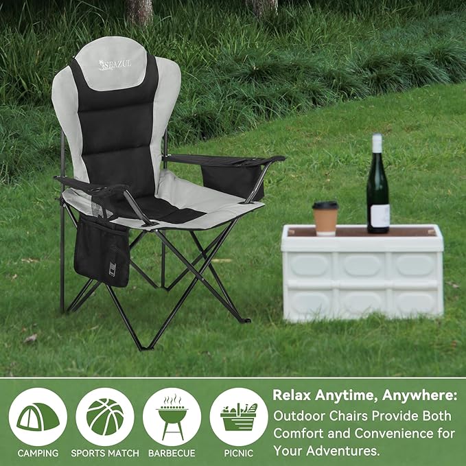 Camping Chairs for Adults, Camp Chair, Folding Chairs for Outside, Support 380 LBS, Portable Travel Lawn Outdoor Camping Chairs with Cup Holder & Cooler Bag, Sports Chairs for Baseball, Soccer