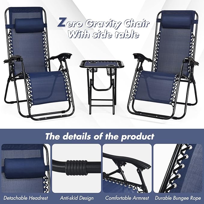 S AFSTAR Zero Gravity Chairs Set of 2, 3 PCS Folding Zero Gravity Lawn Chair Set with Side Table Cup Holders & Adjustable Headrest, Reclining Patio Chairs, Zero Gravity Lounger for Patio Poolside