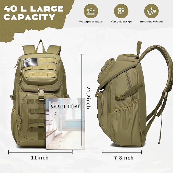 Wotony Tactical Assault Pack Backpack Molle Military Backpack Outdoor Hiking Camping Rucksack Waterproof backpack for men (khaki, 25L)