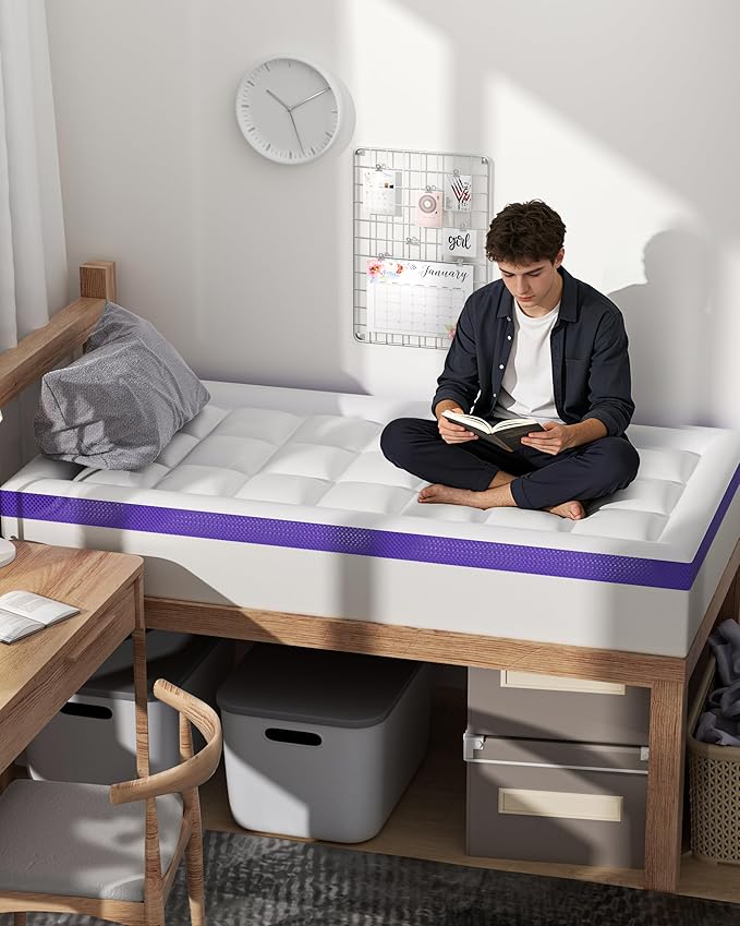 Dual Layer 4 Inch Memory Foam Mattress Topper Twin XL - 2 Inch Gel Memory Foam and 2 Inch Pillow Top Mattress Pad, 7-Zone Egg Crate Twin XL Size Mattress Topper (White)