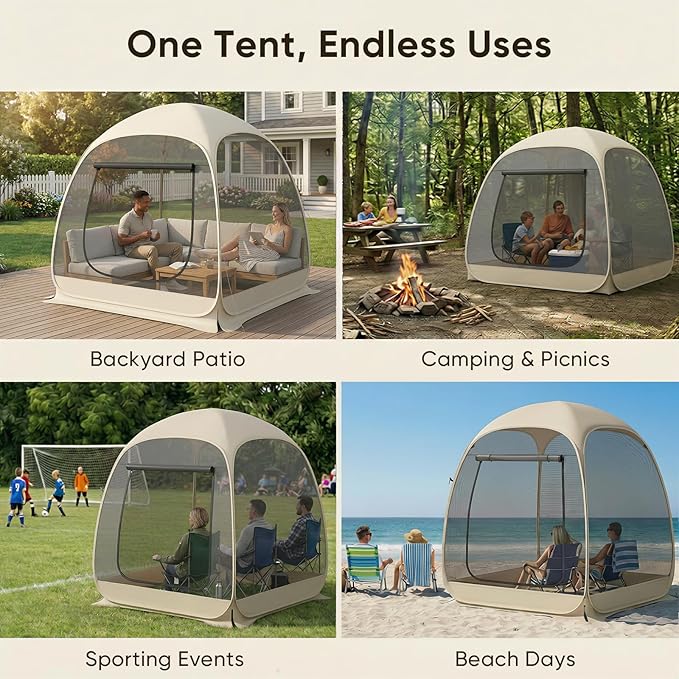TABU Pop Up Screen House Tent, 6x6 FT Screen Room Canopy with Mosquito Mesh, Instant UV Resistant Shelter with Carry Bag, for 2-4 Person, Beige