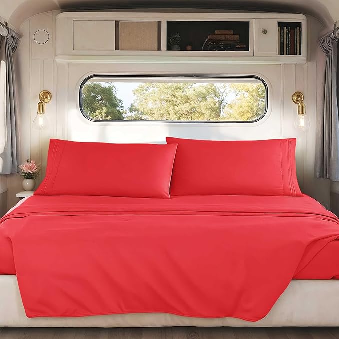 Hearth & Harbor Short Queen Sheets for RV, Red RV Queen Sheets, Silky Soft 1800 Microfiber Bed Sheet for Camper, 4 Piece RV Bedding with Pillowcases