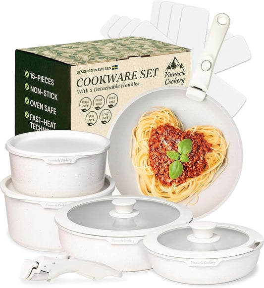 15-Piece White Granite Nonstick Cookware Set – Detachable Handles & Tempered Glass Lids – Stackable & Cool-Touch - Induction & Oven Safe to 480°F - Scratch-Resistant, PFOA & PFOS-Free