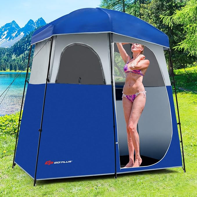 Goplus 2 Room Shower Tent, Portable Camping Changing With Floor Drain, Detachable Rain Fly, Stakes & Ropes, UV Protection, Water Resistant Privacy for Outdoor Toilet, Dressing (Blue)