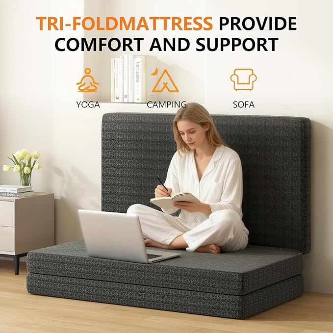 4 Inch Gel Memory Foam Mattress Twin Size, Portable Tri-Folding Mattress with Washable Cover, for Guest Bed, Camping, Travel, Dormitory, Black