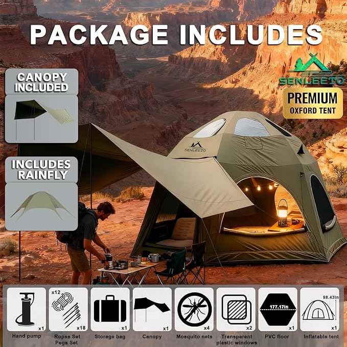 Inflatable Camping Tents 8-10 Person,129 Square Feets Large Inflatable Camping Tent with Stove Jack,Blow up Tent with Mesh Windows & Pump