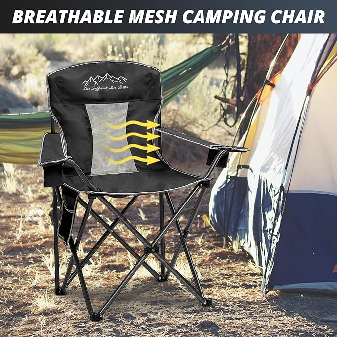 Mesh Folding Camping Chairs, Oversized Portable Outdoor Chairs, Weight Capacity 325 lbs with Cup Holder, Storage Pocket, Carry Bag Black