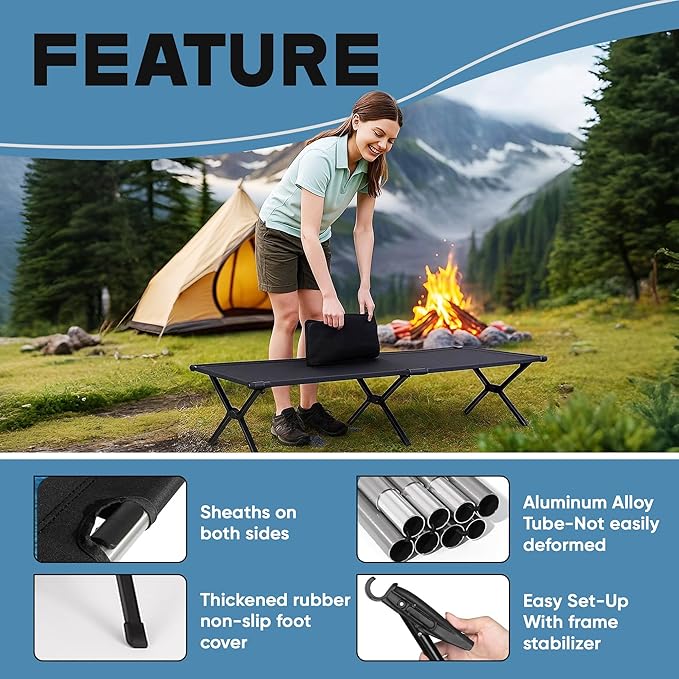 Ultralight Camping Cot for Adults, 120kg Sleeping Support Camping Bed, Easy Setup, Foldable and Portable for Backpacking, Hiking and Travel