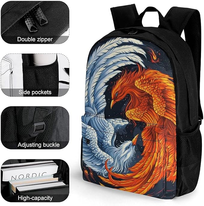 Supdreamc Backpack Lightweight Anti-Theft Multipurpose Ice Water Fire Flame Phoenix Bird Art Shoulder Bag Large Capacity Travel Hiking Backpack With Padded Straps