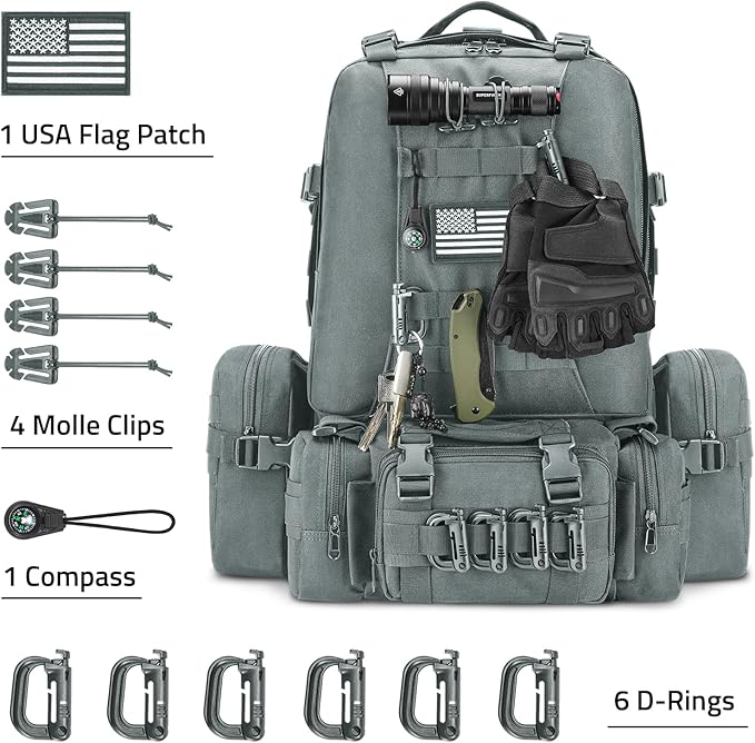 CVLIFE 60L Tactical Backpack for Men Women Military Large Army Rucksack With D-Ring Molle Clips Compass Accessories 3 Day Bug Out Survival Molle Bag Hiking Camping Gym Daypack Backpack, Grey