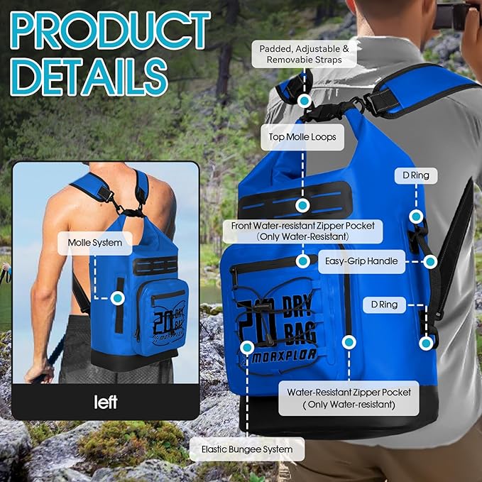 Dry Bag Waterproof,5L/10L/20L/30L Roll Top Dry Bag Backpack with WaterProof Phone Case for Swim,Kayak(Dark Blue 10L)