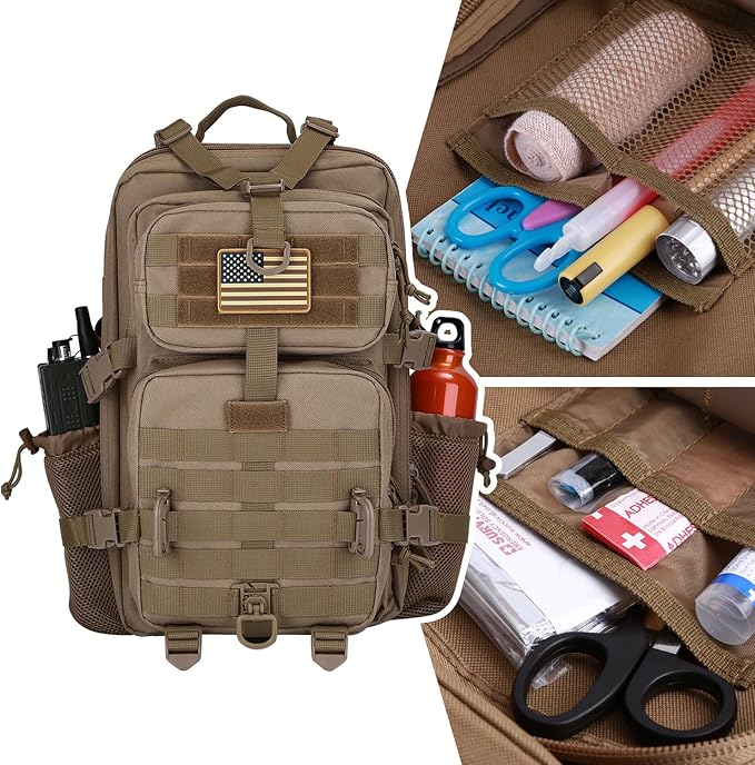 30L MOLLE Assault Pack, Tactical Backpack Military Army Camping Rucksack with Bottle Holder, 3-Day Pack, Khaki