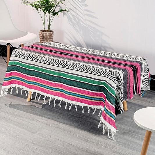 Airooglee Large Mexican Blanket - Perfect as Yoga, Outdoor, Beach, Serape, Picnic, Camping Blanket - Boho Home Decor (Rose-Blue)