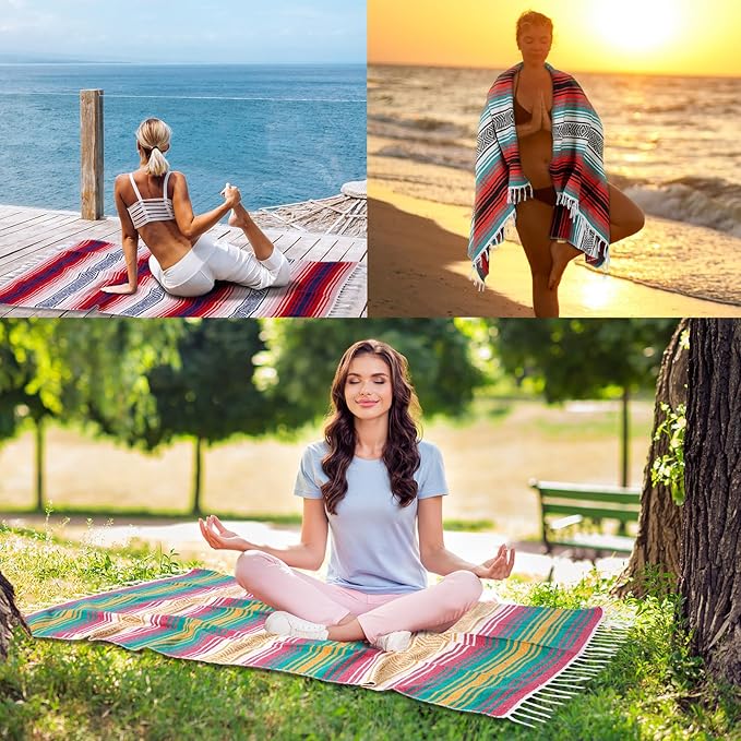 Peryiter 9 Pcs Mexican Blanket Bulk Large Yoga Blanket Striped Falsa with Fringed for Outdoor Beach Picnic Couch, 45 x 70 inch (Retro Colors)