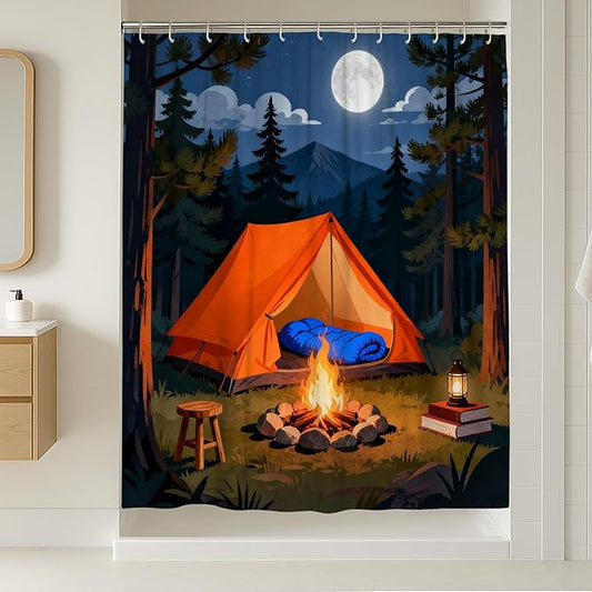 Tent Shower Curtain, Outdoor Adventure Campfire Moon Summer Orange Polyester Waterproof Clawfoot Tub Shower Curtains for Bathroom Bathtub Apartment Decor 54x78 Inch