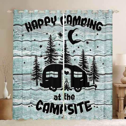 Feelyou Happy Camping Curtains for Bedroom Living Room Rv Camping Camper Blackout Darkening Drapes Travel Trailers Window Treatments, 2 Panels 42 x 63 Inch Room Decor
