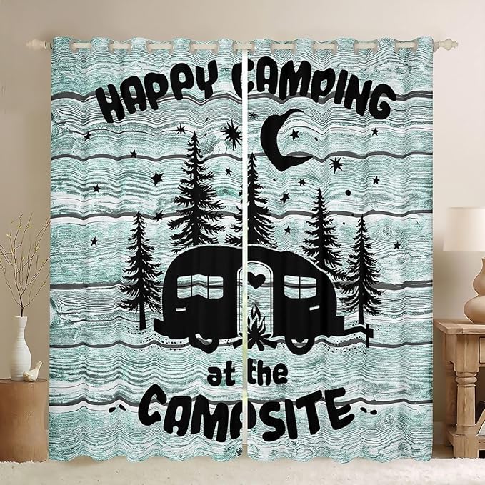 Feelyou Happy Camping Curtains for Bedroom Living Room Rv Camping Camper Blackout Darkening Drapes Travel Trailers Window Treatments, 2 Panels 52 x 96 Inch Room Decor